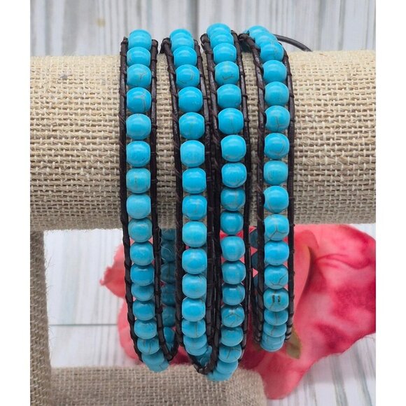 Victoria Emerson Blue Turquoise Stone Beads Brown Leather Cord Wrap Bracelet 36" - Picture 4 of 11
